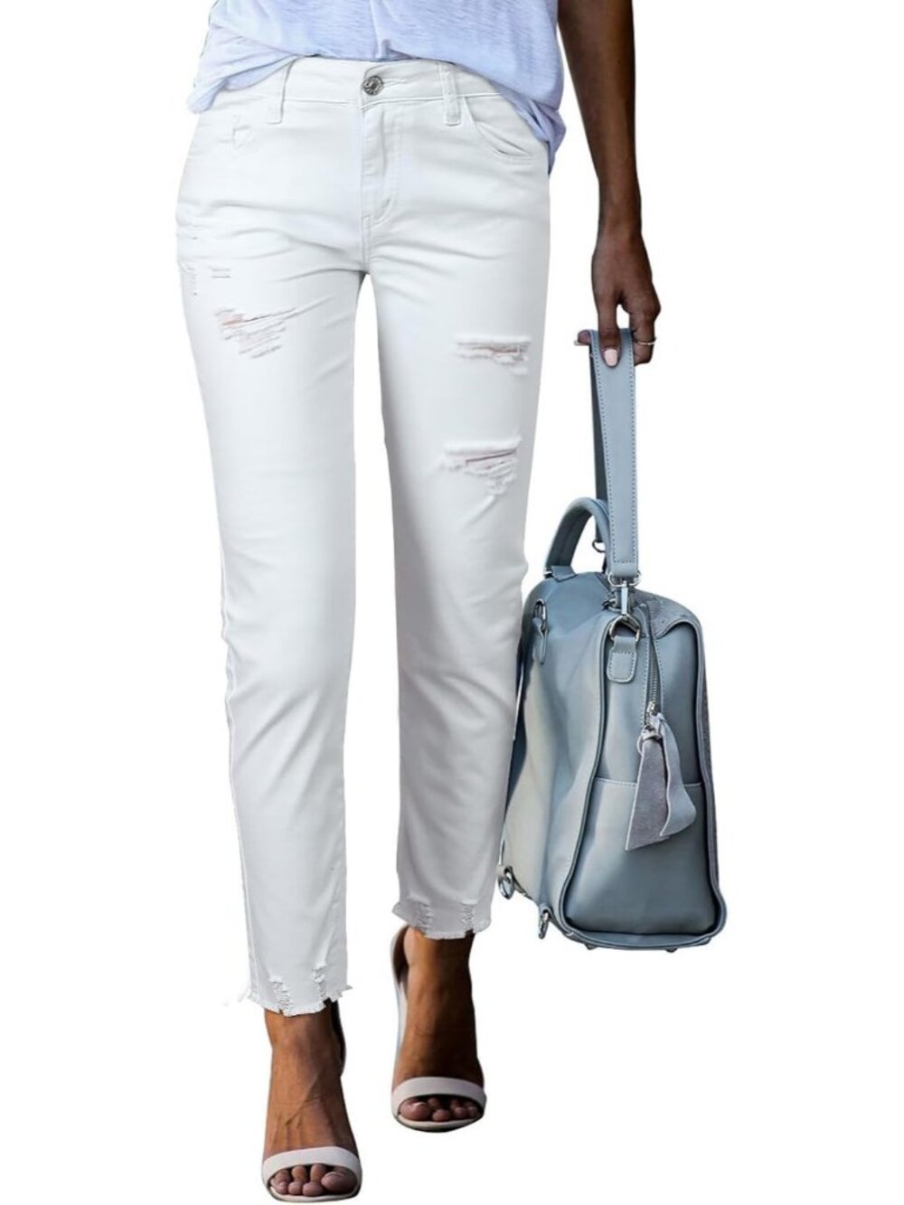 Women's White Flat Front Distressed Y2k Casual Pull On High Waisted Ankle Jeans